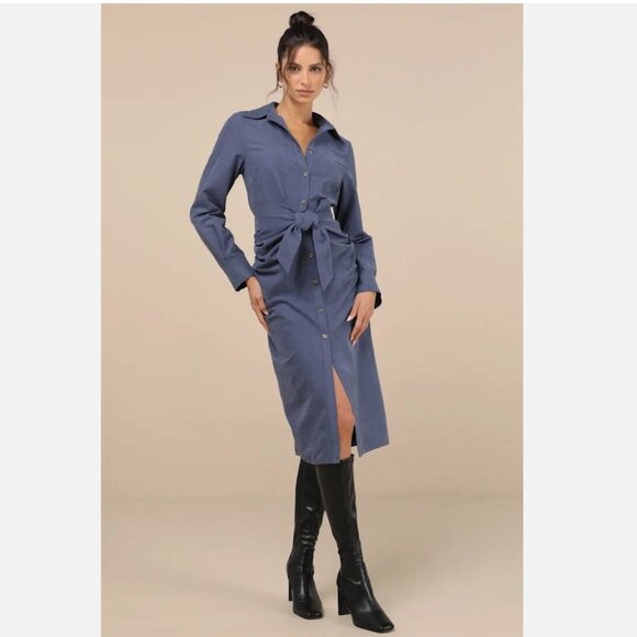 Lulus Dresses & Skirts - NWT Lulus Autumnal Views Dark Blue Suede Button-Up Tie-Front Midi Dress Women XL